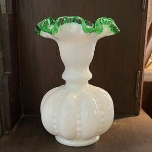 Fenton Emerald Crest beaded melon milk glass vase
